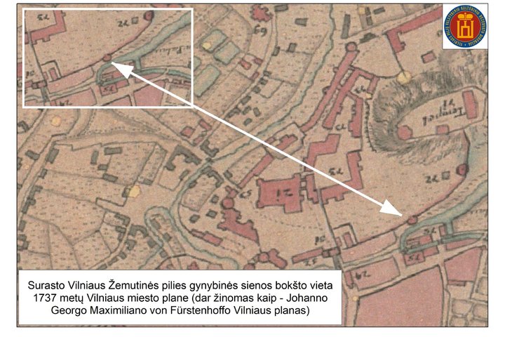 Surasto Vilniaus Žemutinės pilies gynybinės sienos bokšto vieta 1737 metų Vilniaus miesto plane (dar žinomas kaip – Johanno Georgo Maximiliano von Fürstenhoffo Vilniaus planas).