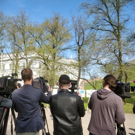 Pilių parkas, vyksta spaudos konferencija. Daug žurnalistų ir fotografų. Tolumoje matosi Valdovų rūmai.