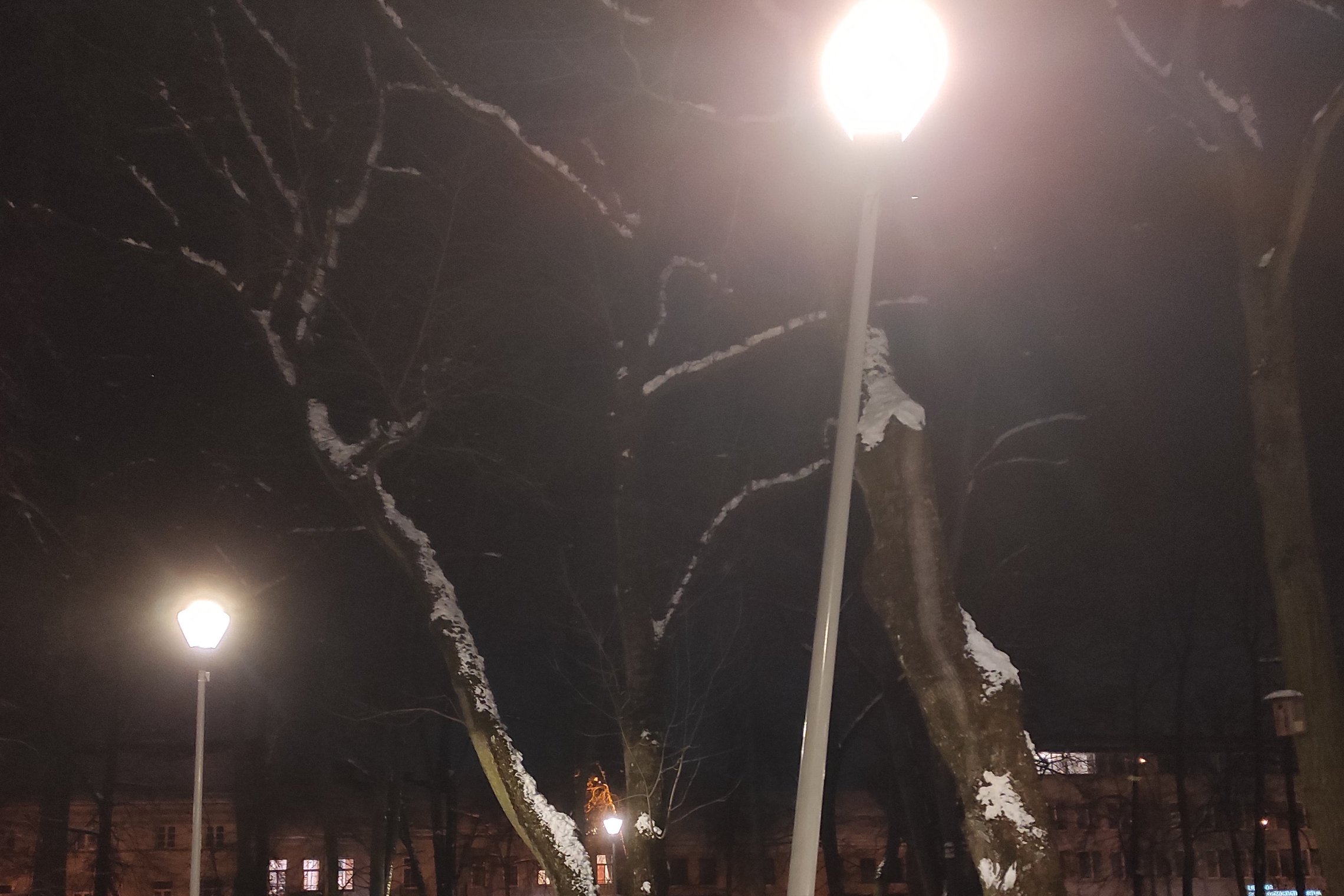 Dėl gausiai sustumto sniego, apšvietimo stulpas, esantis Pilių parke, nulinko. Krievas stulpas riogso sniego krūvoje. Yra nakties metas. Žibintas, kad ir nulinkęs, tačiau šviečia.
