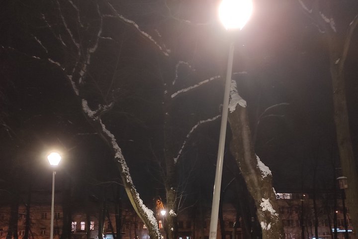 Dėl gausiai sustumto sniego, apšvietimo stulpas, esantis Pilių parke, nulinko. Krievas stulpas riogso sniego krūvoje. Yra nakties metas. Žibintas, kad ir nulinkęs, tačiau šviečia.