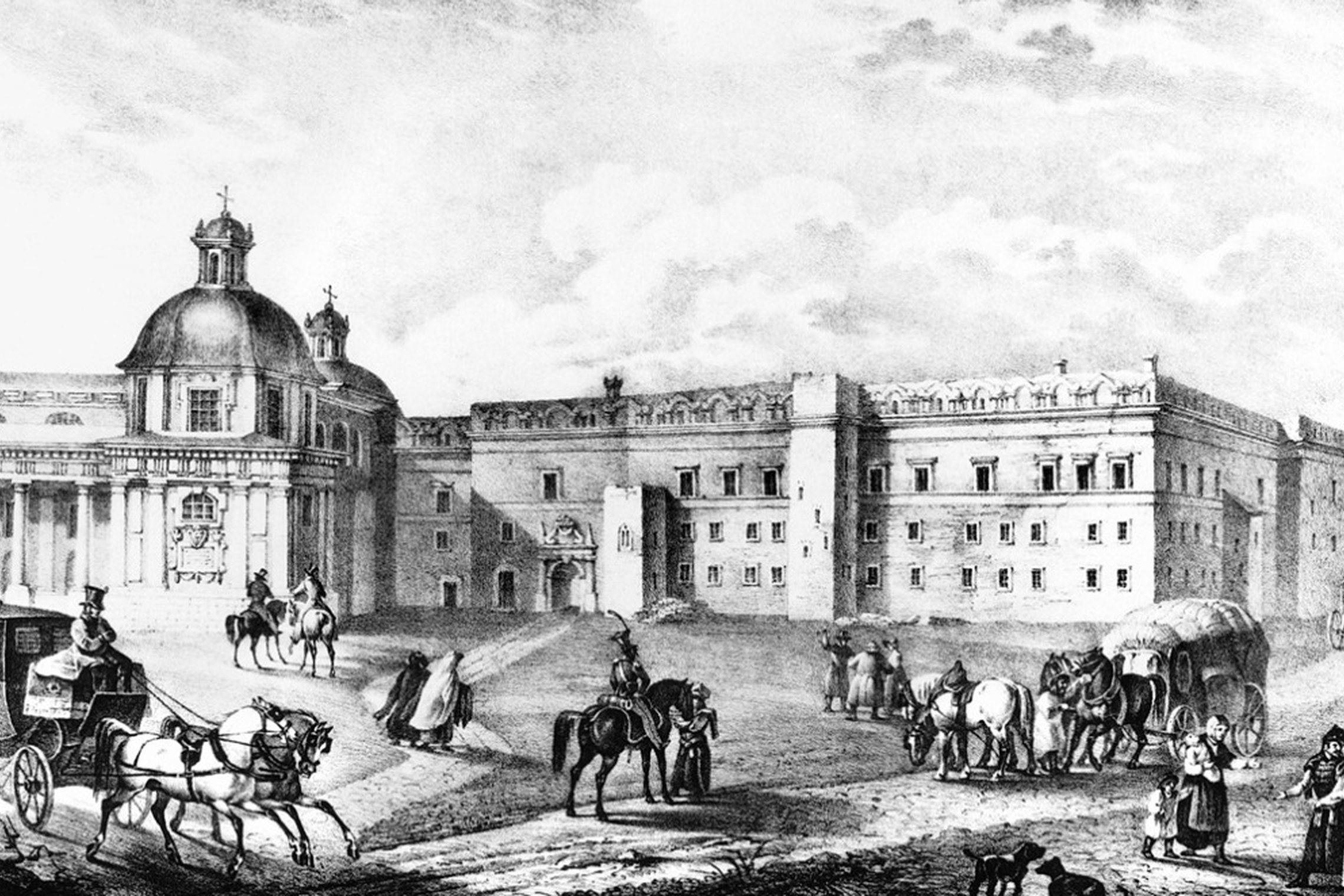 Piešinyje pavaizduotas Vilniaus pilių gyvenimas. Fone Valdovų rūmai ir Vilniaus katedra. Kairėje prašmatni karieta su ristele šuoliuojančiais žirgais. Dešinėje kelionės ekipažas su keičiamais žirgais. Būrelis žmonių kažką didkutuoja, keli žmonės eina į V
