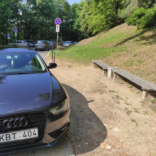 Viršutinės automobilių stovėjimo aikštelėje buvo įrengti kelio ženklai, draudžiantys sustoti ir stovėti.