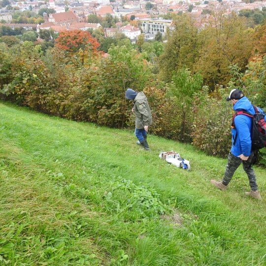 Du žmonės stovi Trijų Kryžių kalno šlaite. Jie apžiūri šlaito paviršių. Vyksta erozijos židinių fiksavimas Trijų Kryžių kalne. Už jų yra augmenija - šlaitas apaugęs krūmais. Už krūmų matosi gražus Vilniaus vaizdas.