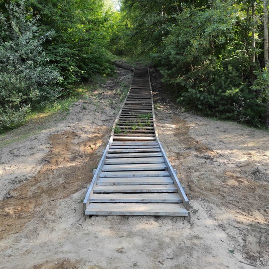 Bekešo mediniais laiptai, o aplink juos lietaus padarytos smėlio ir žemių išgraužos. Aplink žali krūmai. Yra vasara.