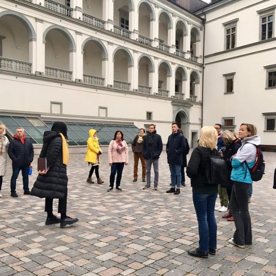 Valdovų rūmų kiemas. Nemaža ekskursijos dalyvių grupė, puslankiu apsupę gidę. Valdovų rūmų kiemas išgrįstas margomis trinkelėmis.