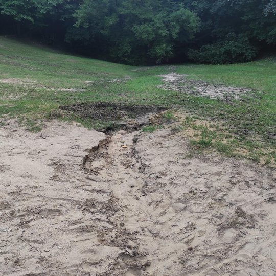 Bekešo kalno papėdėje suneštas smėlis. Jis suneštas iš kalno nuošliaužos pagalba.