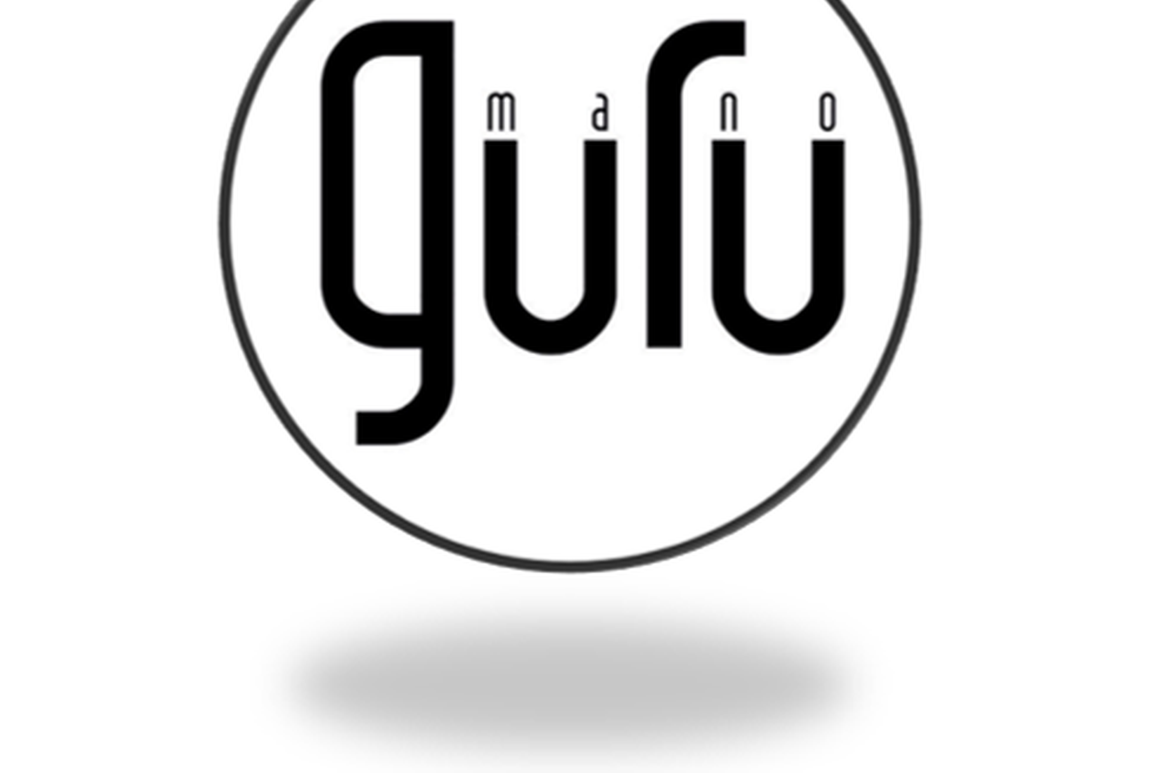 Nuotaukoje yra tik MANO GURU kavinės logotipas - apvalus apskritimas su kavinės pavadinimu viduryje.