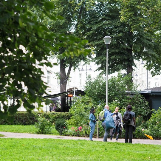 Nedidelė žmonių grupė parke stovi su šiukšlių maišu ir grėbliu šalia krūmų.
