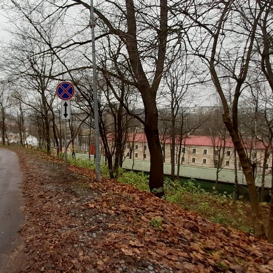 Kelias į Kalnų parką. Ruduo, nes aplinkui daug nukritusių parudavusių medžių lapų. Kalno papėdėje matosi Istorijų namai. Kalnų parke baigta įrengti kelio ženklus, draudžiančius sustoti ir stovėti.