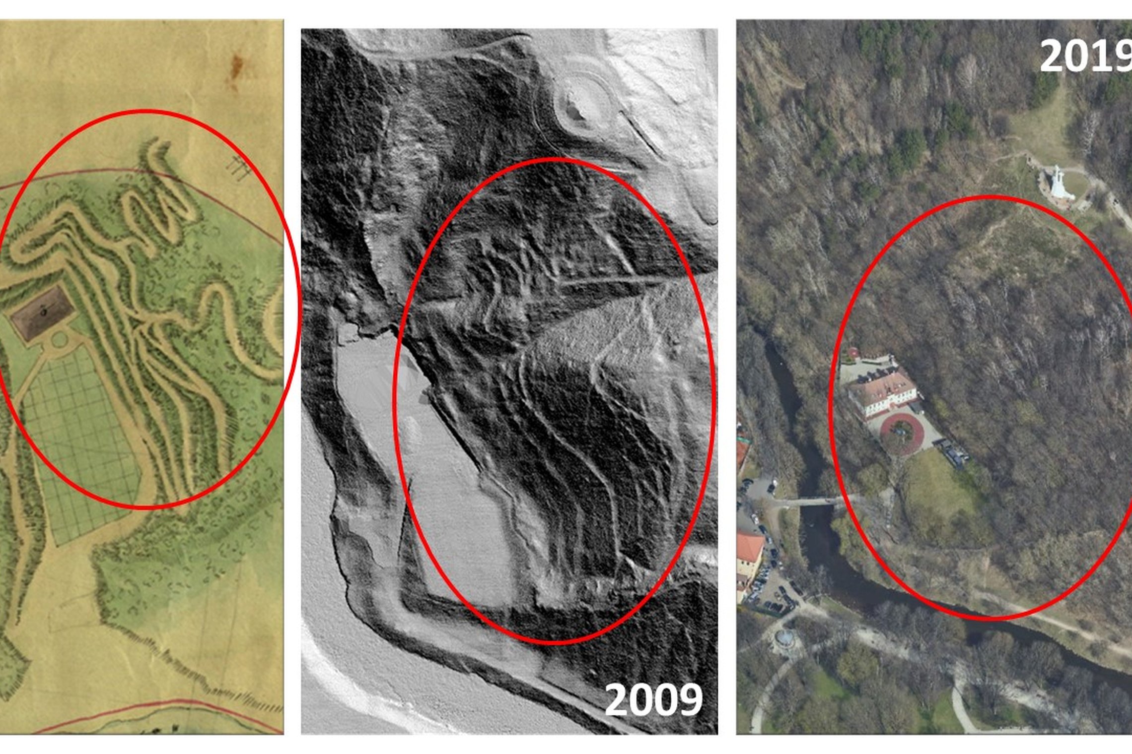 Iliustracija: kairėje fragmentas iš Vilniaus medicinos–chirurgijos imperatoriškosios akademijos Botanikos sodo plano (1834 m.), viduryje – sumodeliuotas reljefo modelis, esant apšvietimo šaltiniui 45 laipsnių aukštyje ir 45 laipsnių azimute (pagal Vilniau
