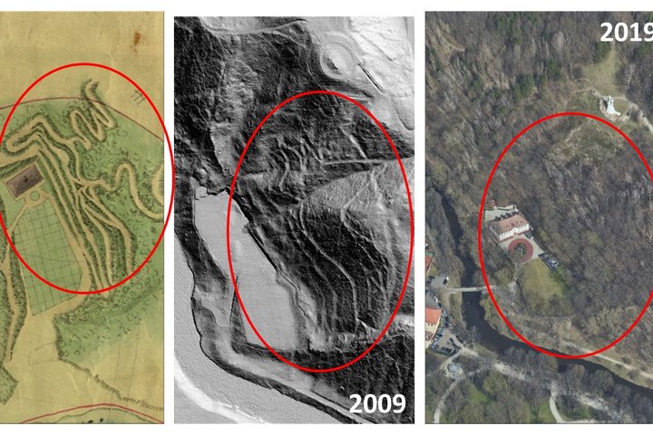 Iliustracija: kairėje fragmentas iš Vilniaus medicinos–chirurgijos imperatoriškosios akademijos Botanikos sodo plano (1834 m.), viduryje – sumodeliuotas reljefo modelis, esant apšvietimo šaltiniui 45 laipsnių aukštyje ir 45 laipsnių azimute (pagal Vilniau