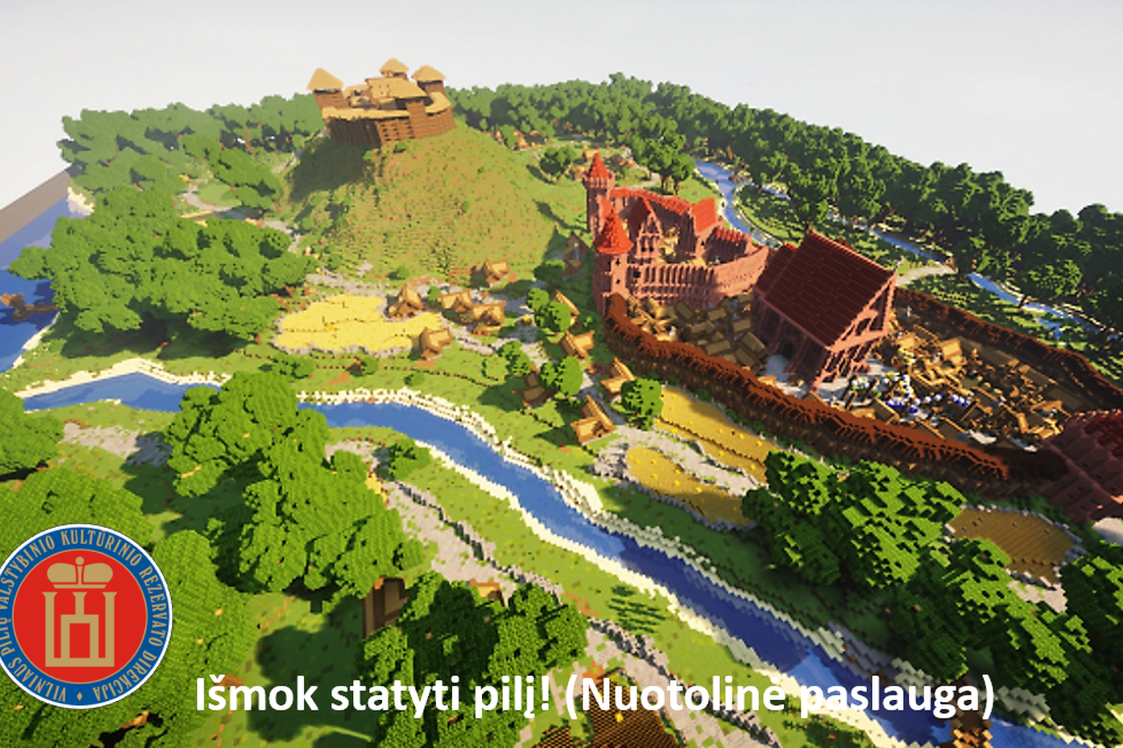 „Minecraft“ žaidimo STOP kadras - Žemutinė ir Aukštutinė pilys ir jas juosianti Vilnia.