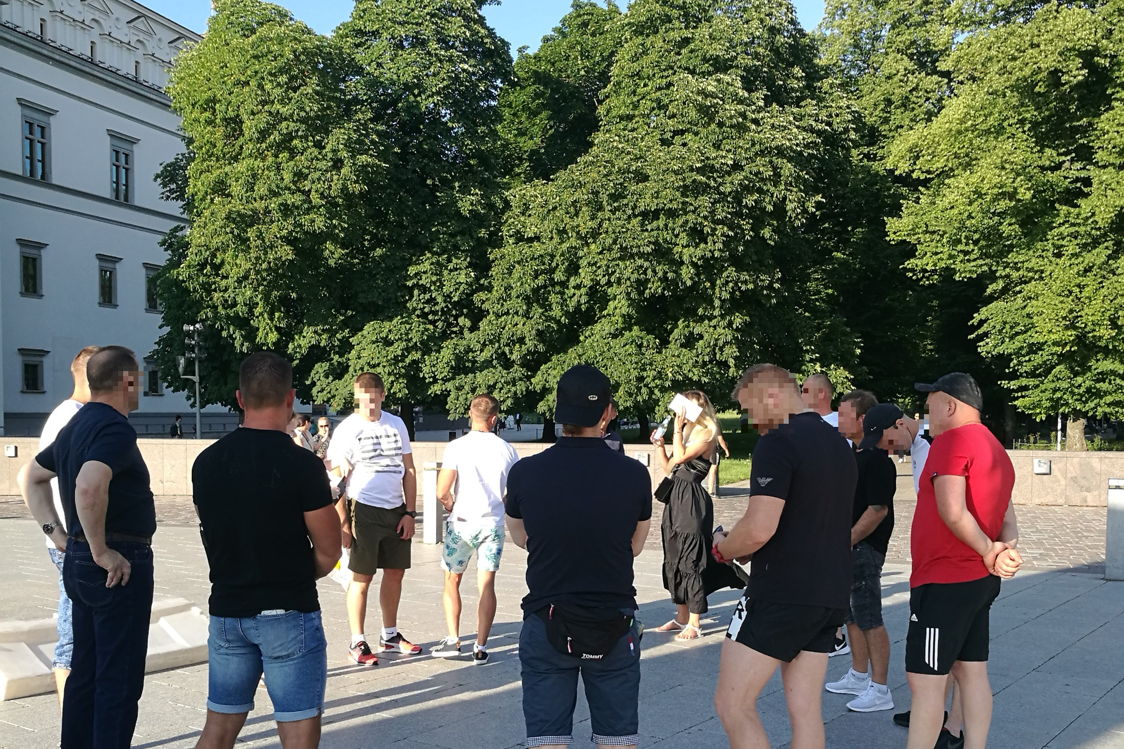 Grupė ekskursijos dalyviai stovi ratu Valdovų rūmų fone. Nuotraukos centre matosi Pilių parko medžiai.