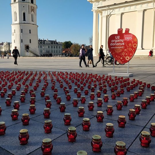Daug žvakučių yra išdėliota Vilniaus Katedros aikštėje. Pro šalį eina žmonės. Nuotraukos antrame plane Vilniaus katedros varpinė ir katedra.