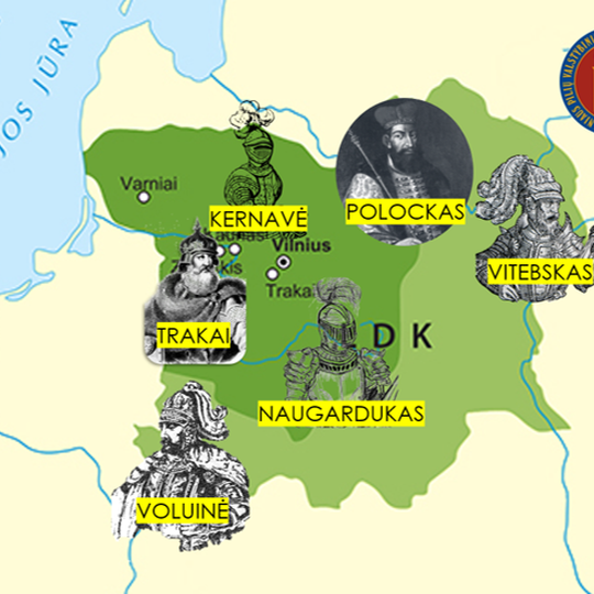 Paveikslėlis su Lietuvos žemėlapiu, tai yra Gedimino laikų Lietuvos kontūras ir šalia kunigaikščio Gedimino sūnų atvaizdai. Šalia surašyti miestų pavadinimai - kas kokią kunigaikštystę valdė.