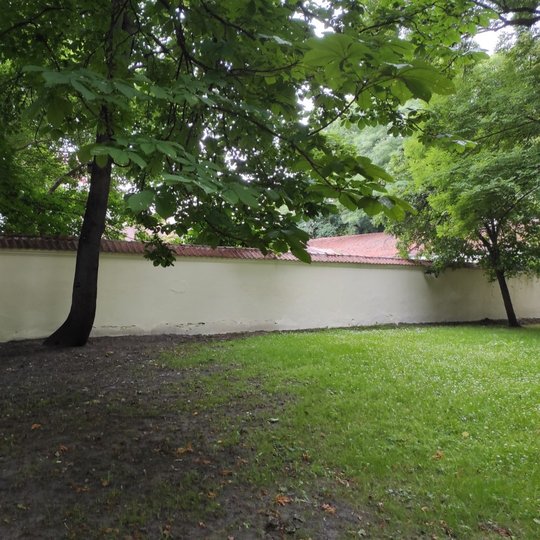 Kirdėjų rūmų tvora naujai išdažyta, jokių užrašų. Šalia tvoros auga parko medžiai.