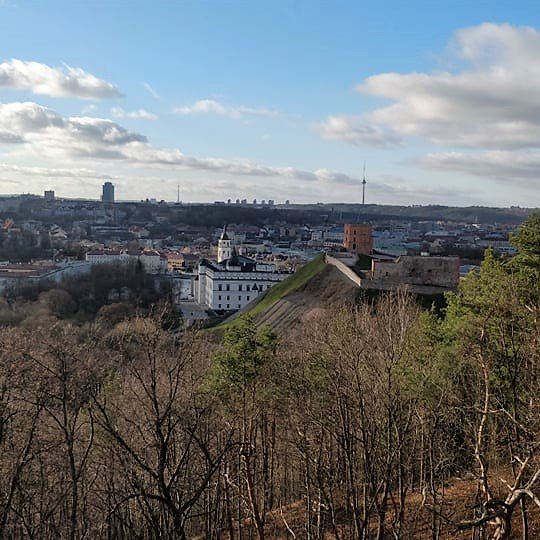 Nuostabi ir šilta rudens diena ir nuotraukoje daug vaiskaus dangaus su baltais debesimis. Vaizdas nuo Trijų kryžių kalno. Matosi Gedimino pilis, Valdovų rūmai ir visas miestas. Nuotraukos pirmame plane - daug medžių. Jie jau numetę lapus.