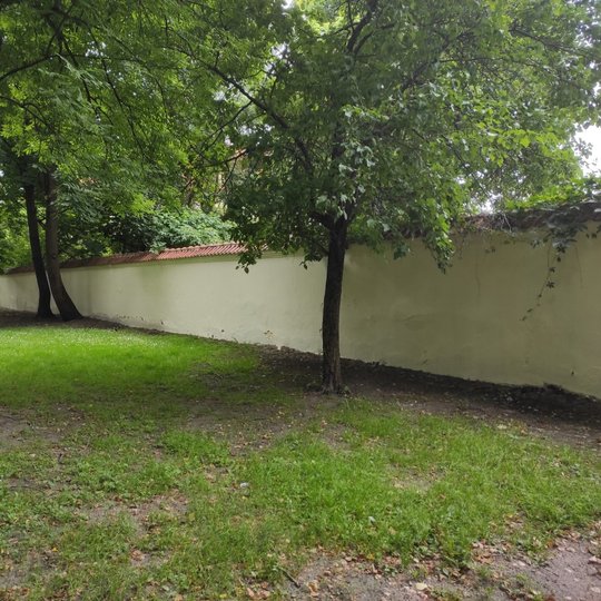 Kirdėjų rūmų tvora naujai išdažyta, jokių užrašų. Šalia tvoros auga parko medžiai.
