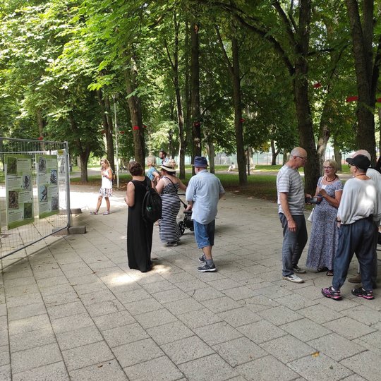Pilių parke vyksta Vilniaus pilių paukščių nuotraukų parodos atidarymas. Susirinkę būrelis žmonių. Yra išdėliotos kėdės ir stalas. Aplinkui seni medžiai.