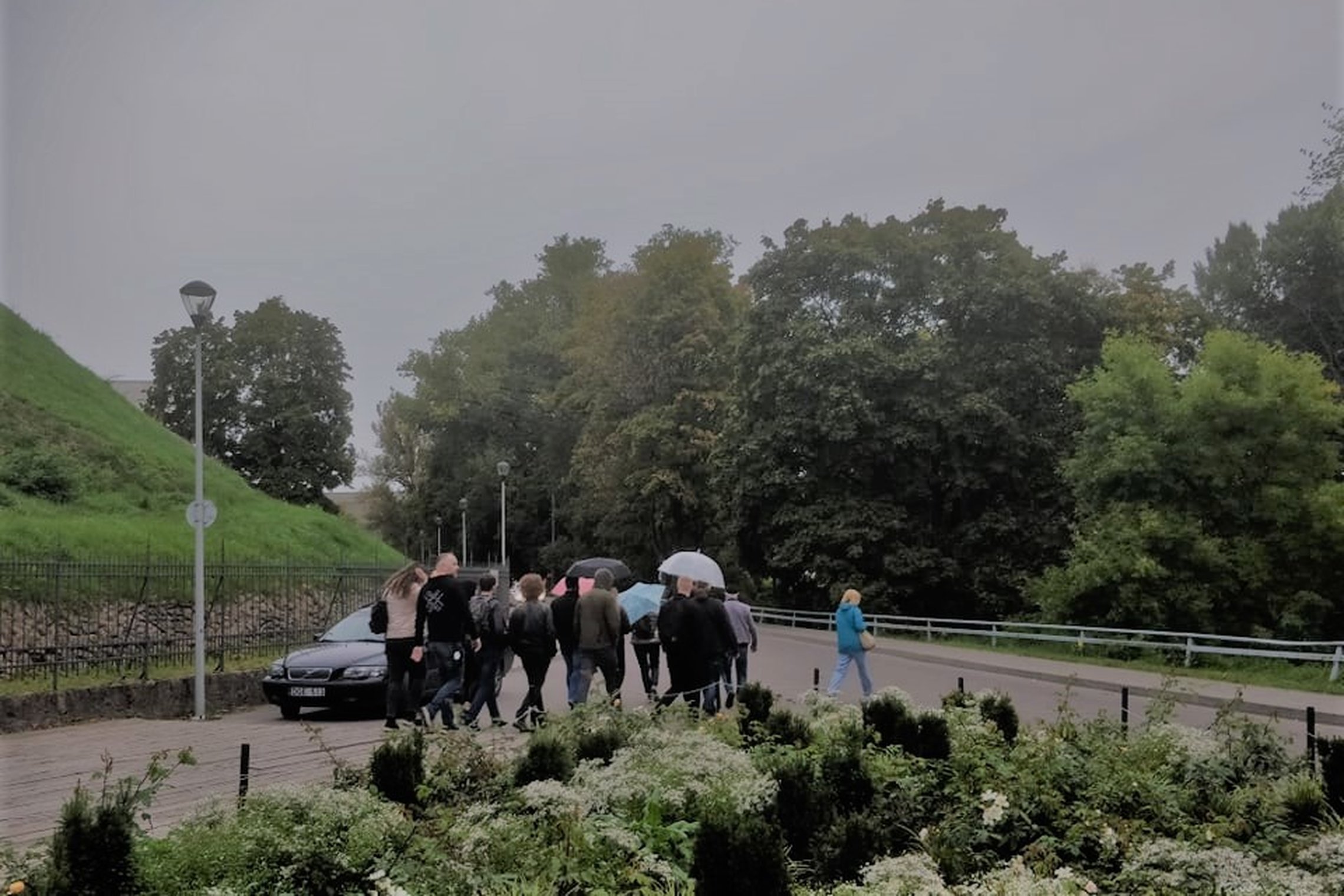  Lietinga diena, pilkas apsiniaukęs dangus. Žmonių grupė dalyvauja ekskursijoje. Kai kurie eina su su lietsargiais. Žmonės su gidu eina pro nuostabiai žydintį gėlyną. Tai Gedimino kalno papėdė. Toliau auga medžiai. Jie dar su žaliais lapais, nors tai rugs