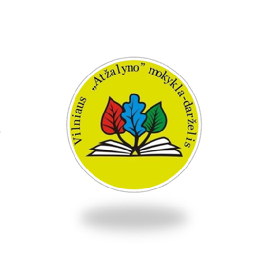 Vilniaus Atžalyno mokyklos-darželio apvalus logotipas. Jame atverata knyga su keliais medžių lapais.