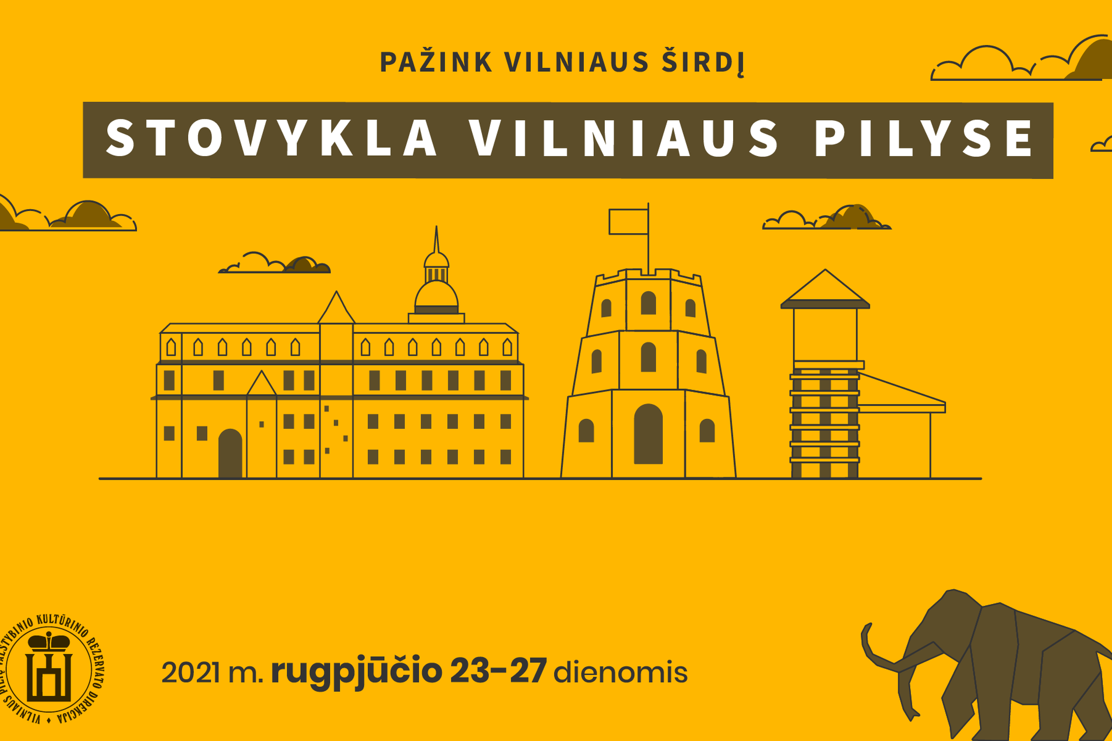 Vilniaus pilių vasaros stovyklos PAŽINK VILNIAUS ŠIRDĮ skelbimas su visa informacija. Iliustracijos viduryje nupiešti Valdovų rūmai, Gedimino pilies bokštas su vėliava ir Kreivosios pilies gynybinis, medinis bokštelis. Dešiniame kampe nupieštas mamutas.