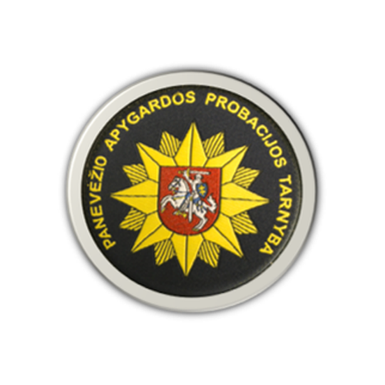 Lietuvos probacijos tarnybos ženklas - logotipas. Jis yra apvalus su Vyčiu centre.