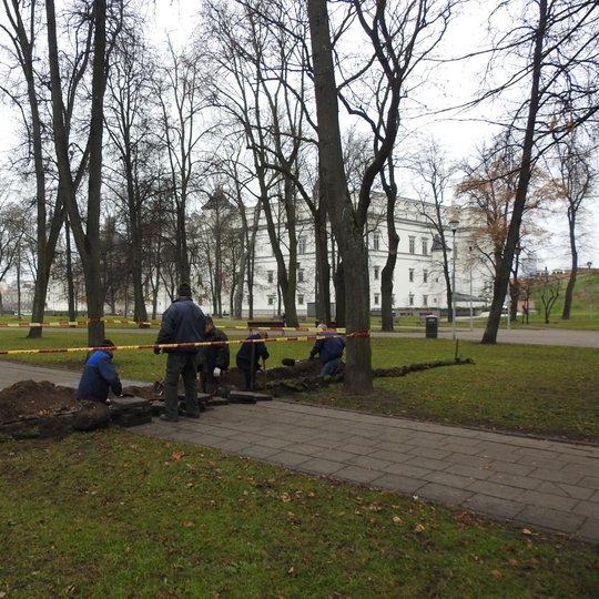 Rudens pilka diena. Nuotraukos centre Valdovų rūmai. Parko taką kerta ką tik iškastas griovys. Griovyje darbuojasi darbininkai. Išardytos tako plytelės sudėtos krūvelėmis dešiniau griovio, medžiai augantys abipus tako apjuosti draudžiančia vaikščioti juos