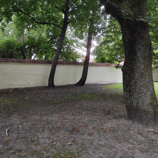 Kirdėjų rūmų tvora naujai išdažyta, jokių užrašų. Šalia tvoros auga parko medžiai.