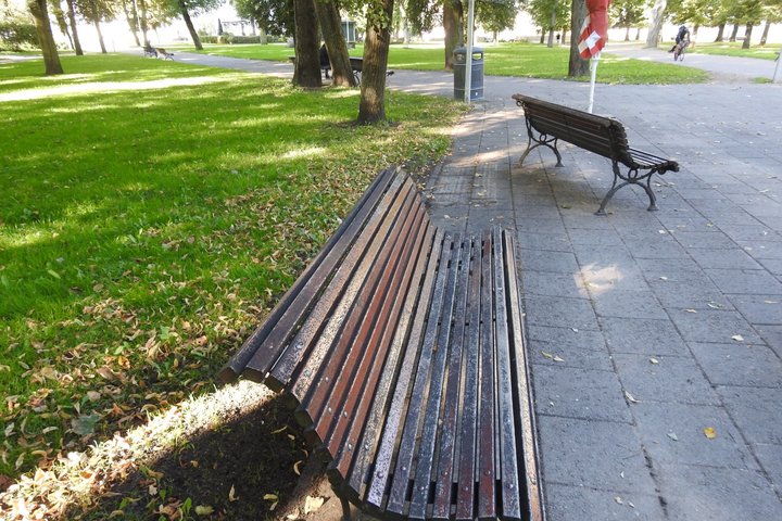 Pilių skvere, ties ovalu, kur vasaros metu pardavinėjami ledai, vienas iš suoliukų labai dažnai tapdavo čia perenčių ir gyvenančių paukščių „tualetu“. Suoliukas buvo pervilktas į kitą vietą.
