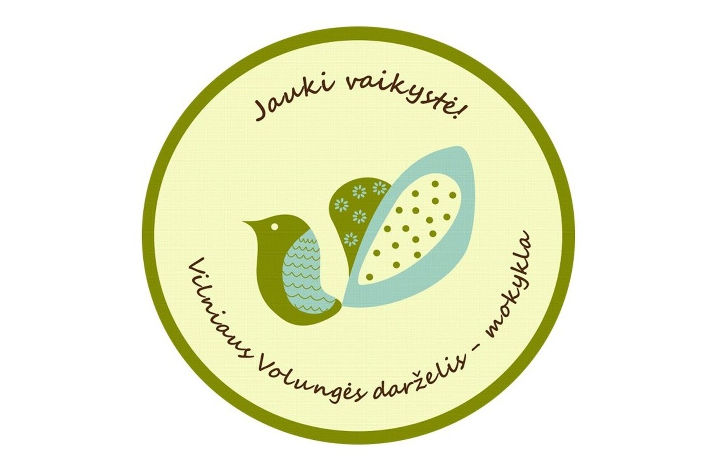 Vilniaus Volungės darželio-mokyklos apvalus logotipas. Jame pavaizduotas stilizuotas paukštis.