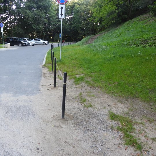 Nulenkti mediniai koliukai mašino stovėjimo aikštelėje. Vairuotojų mašinų nulenkti kuoliukai.