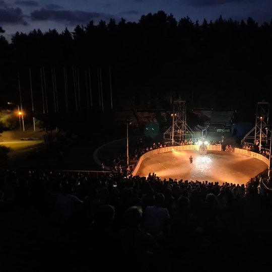 Du vyrai ir viena mašina. Geležies ir kūno kontrastas, roboto inteletas ir emocijos. Dainų slėnio estrados scena ir joje vyksta šiuolaikinė korida.  Nuotraukoje vaizduojamas pasirodymas apskritime lauke, apsuptame žmonių – žiūrovų. Apskritimo vidus, kuria