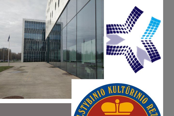 Labaratorijos pastatas ir Vilniaus pilių rezervato ženklas bei Fizinių ir technologijų mokslų centro logotipas. Nuotraukų koliažas.