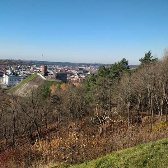 Nuostabi ir šilta rudens diena ir nuotraukoje daug vaiskaus dangaus. Nei vieno debesėlio. Vaizdas nuo Trijų kryžių kalno. Matosi Gedimino pilis, Valdovų rūmai ir visas miestas. Nuotraukos pirmame plane - daug medžių. Jie jau numetę lapus.