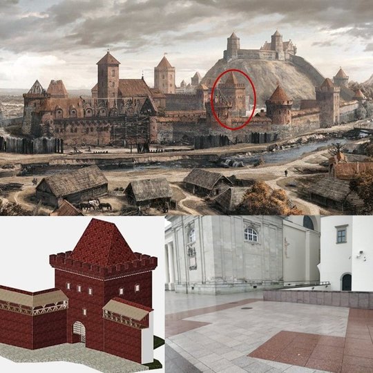 Nuotraukoje trys vaizdai. Pirmame - Vilniaus pilys maždaug 14 amžiaus pabaigoje. Tai Žemutinės ir Aukštutinės pilies vaizdas. Daug gynybinių bokštų, matosi pirmoji Vilniaus katedrą, kurią pastatė Jogaila. Kitose nuotraukos dalyse - pavaizduoti vartai, kur