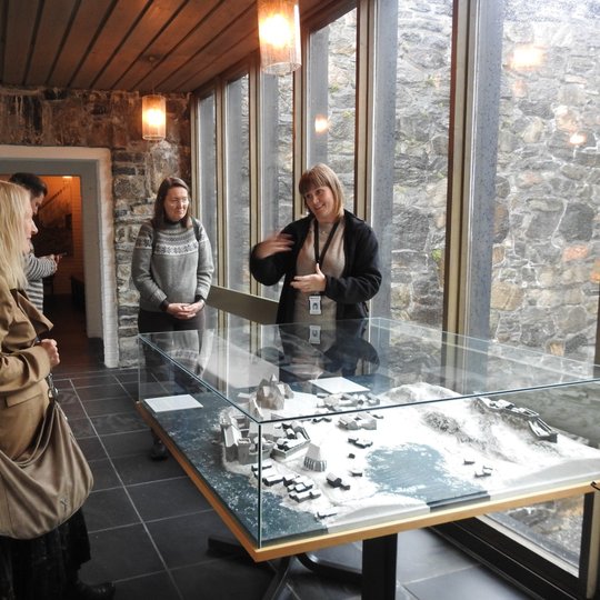Muziejaus salės patalpa – dešinėje per visa nuotrauką, didžiulis, nuo lubų iki pat žemės, per visa sieną, suskirstytas į šešias dalis langas. Patalpos lubos iš tamsiai rudų medinių lentų, kurios sudėtos su tarpais išilgai lango. Galinė siena sumūryta iš p