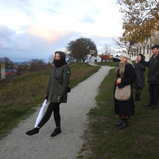 Miesto fone stovi būrelis žmonių. Vienas žmogus paskoja, kiti žmonės klausosi. Vakarėjantis dangus, vėsus oras, nes žmonės šiltai apsirengę.