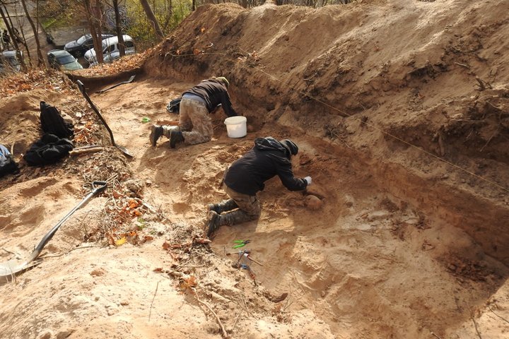 Žvalgomieji archeologiniai tyrimai Altanos kalne - perkasoje du archeologai, kurie valo nuo atkastų žmonių palaikų smėlį.