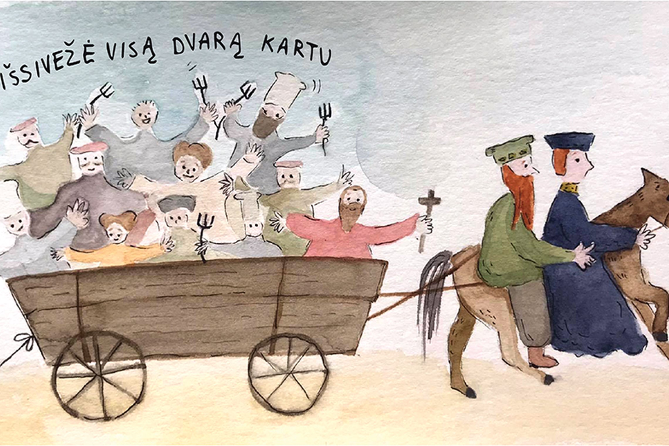 Piešinyje, kuris nuspalvintas akvarele, pavaizduodas vadovas su žmona jojantis ant žirgo. Paskui žirgą yra tempiamas vežimas pilnas prikrautas dvariškių - virėjų, kunigų, tarnų ir tarnaičių. Parašyta: „Išsivežė visą dvarą kartu.“