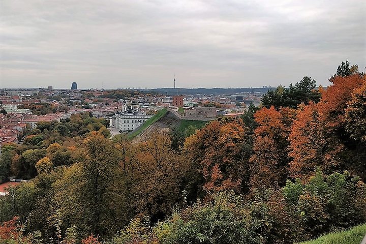 Nors nėra daug saulės ir danguje plaukia debesys, bet matosi, kad yra šilta rudens diena. Vaizdas nuo Trijų kryžių kalno. Matosi Gedimino pilis, Valdovų rūmai ir visas miestas. Nuotraukos pirmame plane - daug medžių. Medžių lapai jau pradėję gelsti ir rau