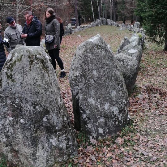 Keturi žmonės stovi miške prie dviejų didelių akmenų, esančių akmenų eilėje, nusidriekusioje į tolį. Žemę dengia rudeniški lapai, aplink matyti beržai ir spygliuočiai.