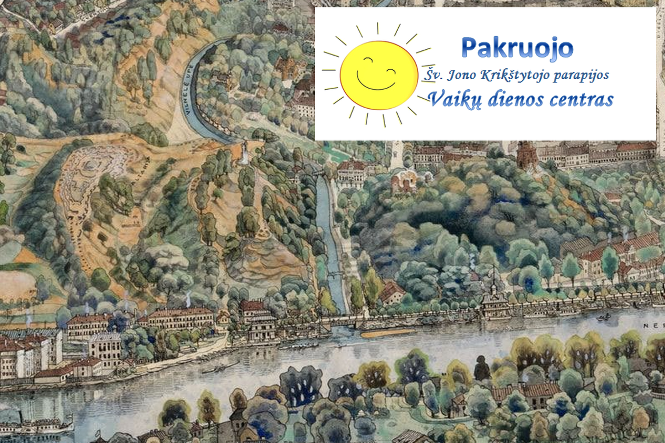 Dailininko J. Kamarausko lieta akvarelė su Vilniaus pilių ir Vilnios bei Neries vaizdu. Pavaizduota iš paukščio skrydžio perspektyvos.