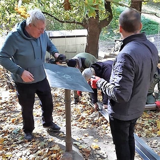 Saulėta rudens diena Kalnų parke. Pėsčiųjų takas driekiasi tolyn ir dingsta pasiekęs nuokalnę. Abipus tako augantys medžiai ir krū ilgus šešėlius skersai tako apiberto geltonais ir parudusiais lapais. Nuotraukoje jų kamienai meta ilgus šešėlius skersai ta