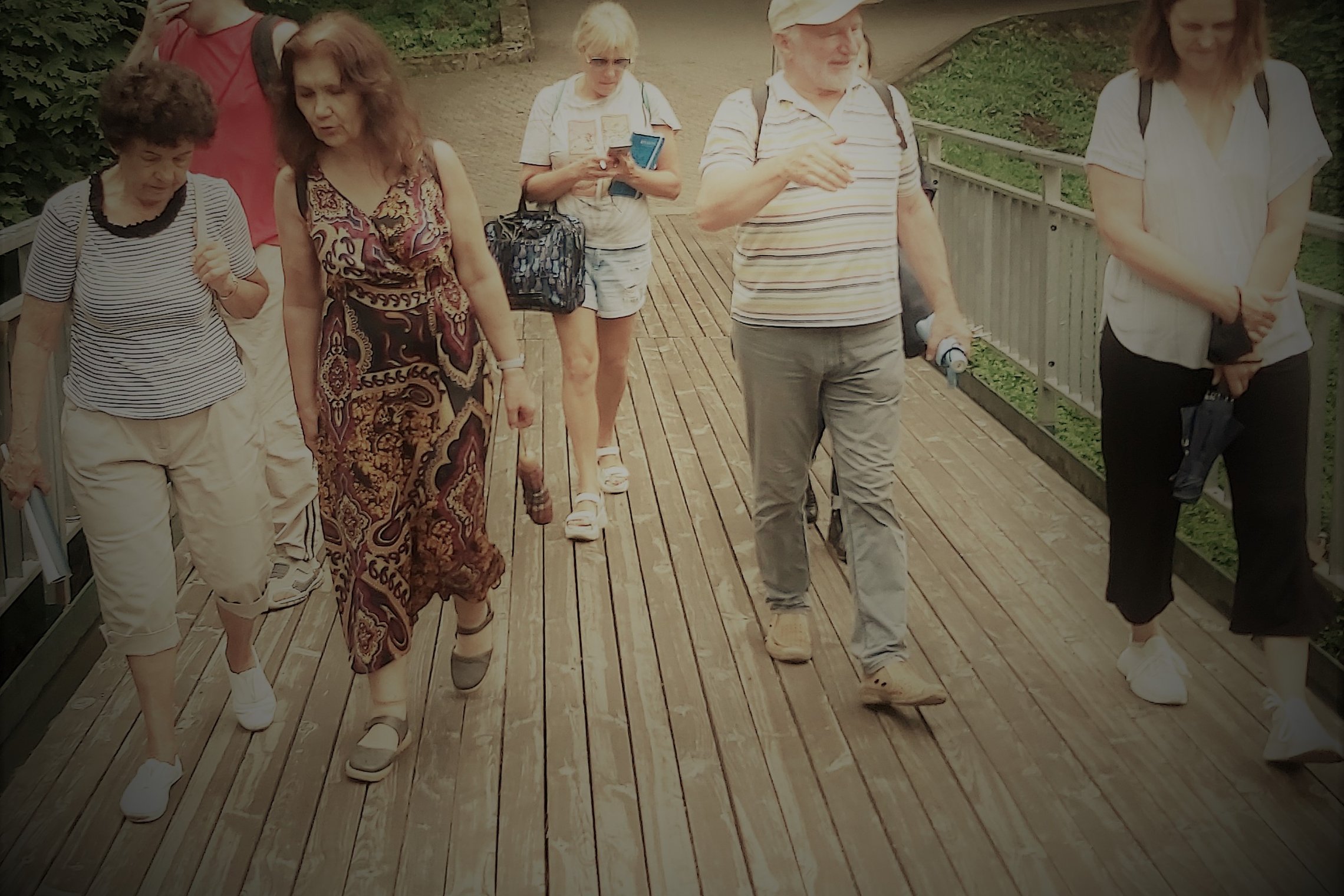 Nedidelė ekskursijos grupė eina per Vilnios tiltą. Viduryje yra ekskursijos vadovas. Jis energingai pasakoja.