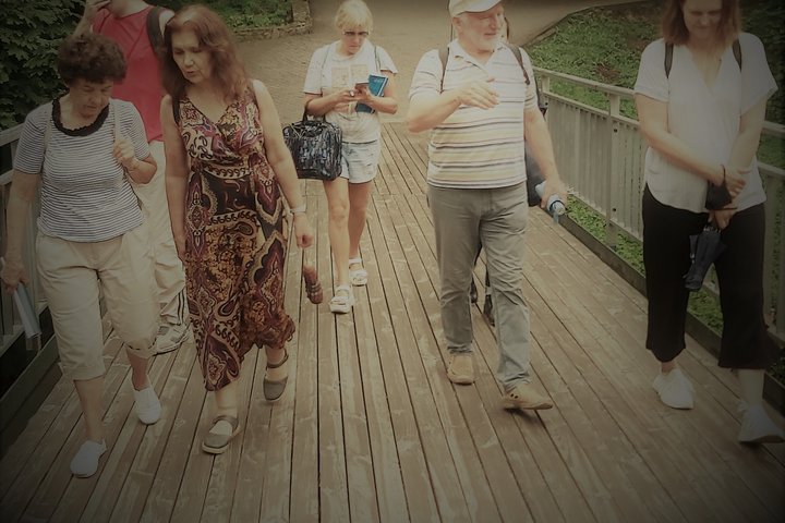 Nedidelė ekskursijos grupė eina per Vilnios tiltą. Viduryje yra ekskursijos vadovas. Jis energingai pasakoja.