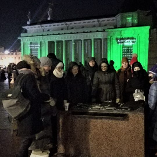 Vėlaus vakaro ekskursija. Žmonės sustoję prie Vilniaus pilių maketo, kuris yra Katedros aikštėje. Už jų nugaros apšvieta žaliai stūkso Vilniaus katedra. Ant katedros matosi skulptūros.