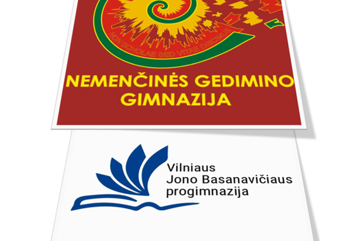 Nemenčinės Gedimino gimnazijos ir Jono Basanavičiaus progimnazijos logotipai sudėti vienas šalia kito.