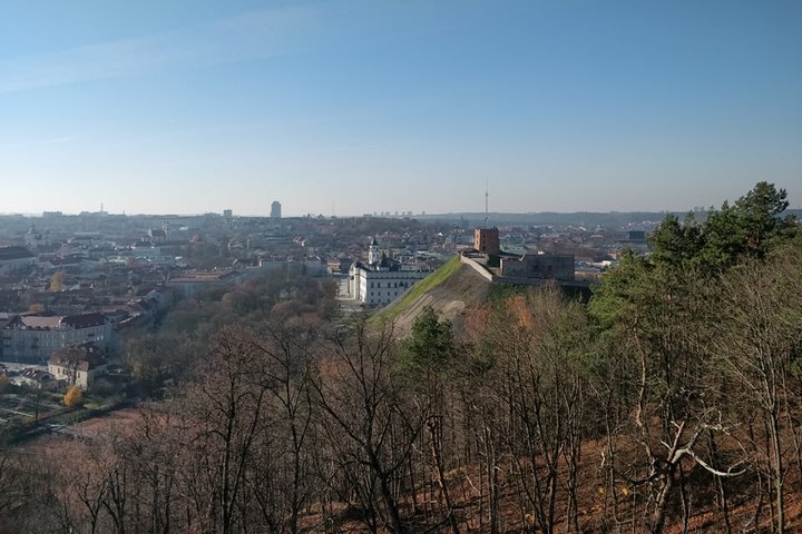 Nuostabi ir šilta rudens diena ir nuotraukoje daug vaiskaus dangaus. Nei vieno debesėlio. Vaizdas nuo Trijų kryžių kalno. Matosi Gedimino pilis, Valdovų rūmai ir visas miestas. Nuotraukos pirmame plane - daug medžių. Jie jau numetę lapus.