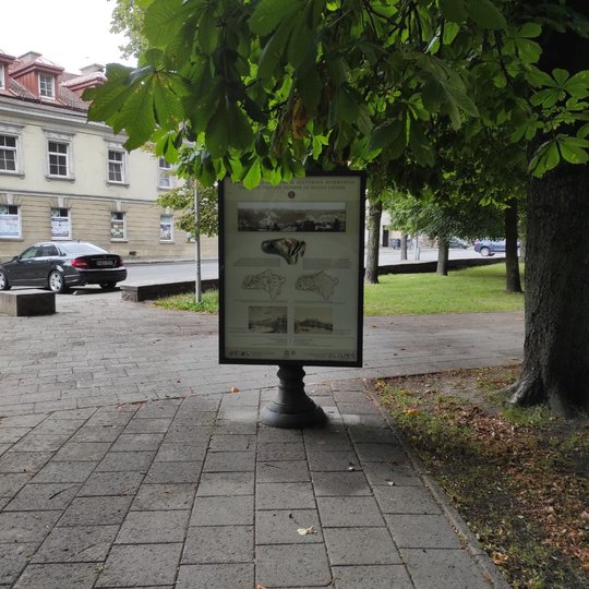  Apipaišytas Vilniaus pilių informacinis stendas, einant Bernardinų sodo link. Nuotraukoje yra stendas, kuriame aprašyta informacija apie Vilniaus pilių valstybinį kultūrinį rezervatą. Stendą yra nuotraukos viduryje, užima didžiąją dalį. Stendo vidurys ta